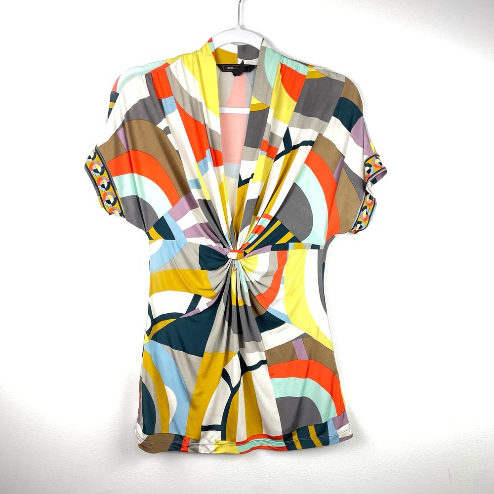 BCBG Maxazria Vintage Style Multi Color Blouse Slinky Size XS